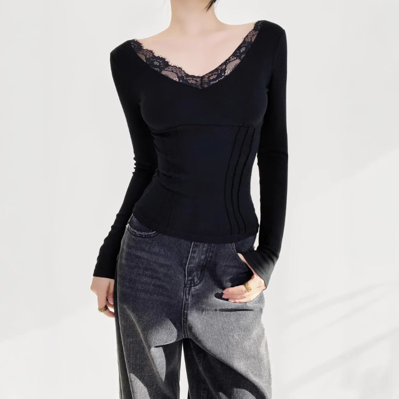 25 Spring and Autumn New Female Spice Girls Pure Desire Lace Back Stitching Solid Color V-neck Base Shirt with Long Sleeve T-Shirt