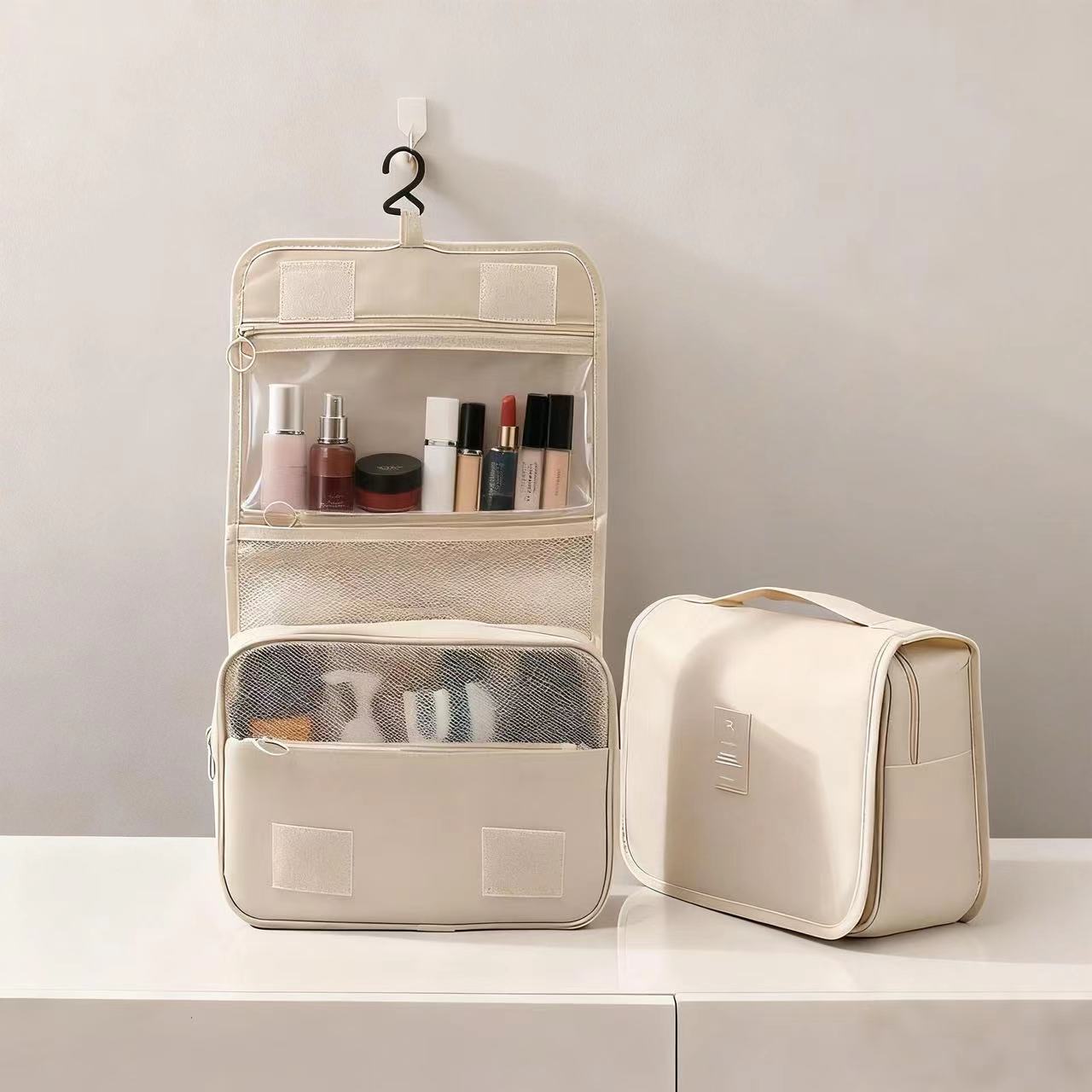 걸이형 세면도구 가방, 출장 여행용 휴대용 대용량 스킨케어 화장품 가방, 건식 및 습식 분리 접이식 수납 가방
