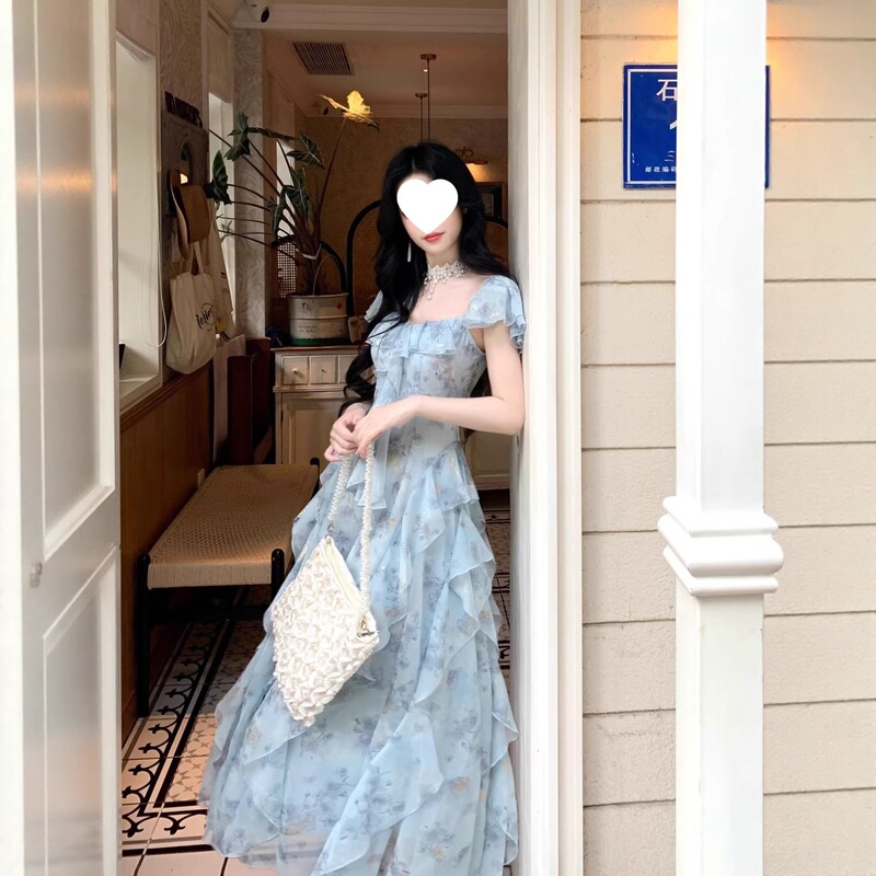 Starry Sea Golden Fairy-Like Gentle Vacation Vibe One-Shoulder Gold Foil Chiffon Ruffle High-End Design Dress