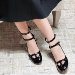 D家2023新款圓頭淺口夏季法式復古時尚鏤空雙搭扣粗跟瑪麗珍鞋女