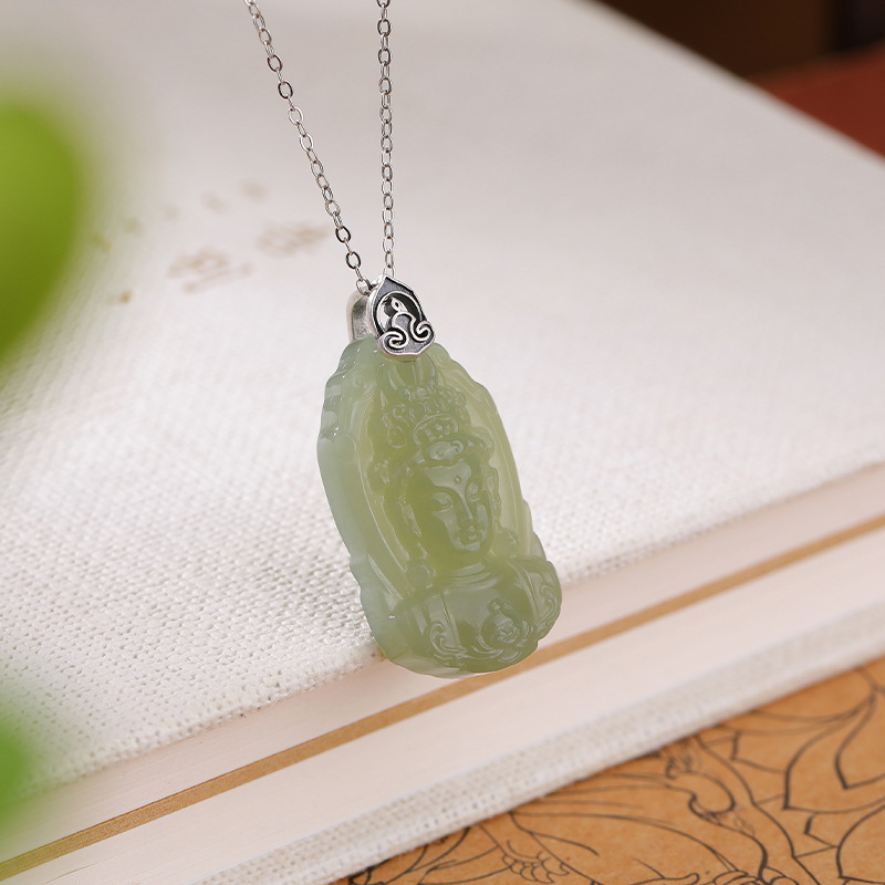 Mặt dây chuyền bạc S925 hình hươu khắc họa tiết mây lành, ngọc Hòa Điền xanh Tara — Mặt Dây chuyền đơn (không có dây chuyền)