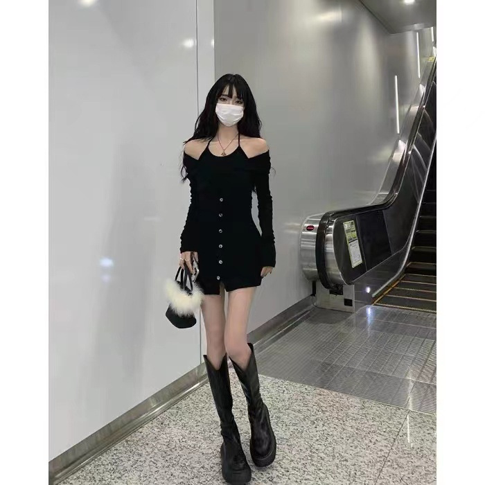 Fake Two-Piece Hot Girl Halterneck Dress Women's Summer Black Sexy Skirt Waist Tight Slimming Look Hip Short Skirt Fake Two-Piece Hot Girl Halterneck Dress Women's Summer Black Sexy Skirt Waist Tight Slimming Look Hip Short Skirt