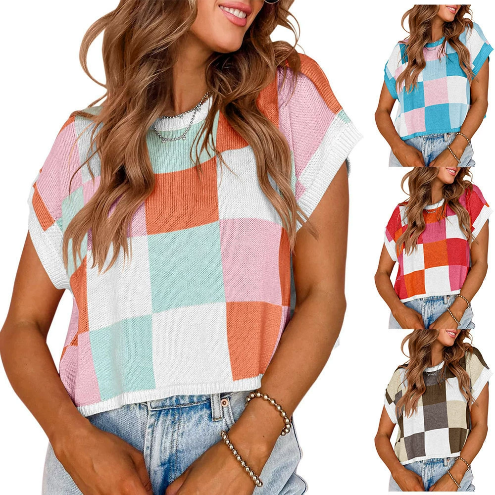 Summer knitted chess, sweater, for import, Amazon, with short sleeve, round collar