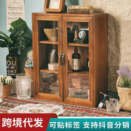 家用复古手工防尘储物柜子多层整理酒店装饰木质茶具双开门收纳柜