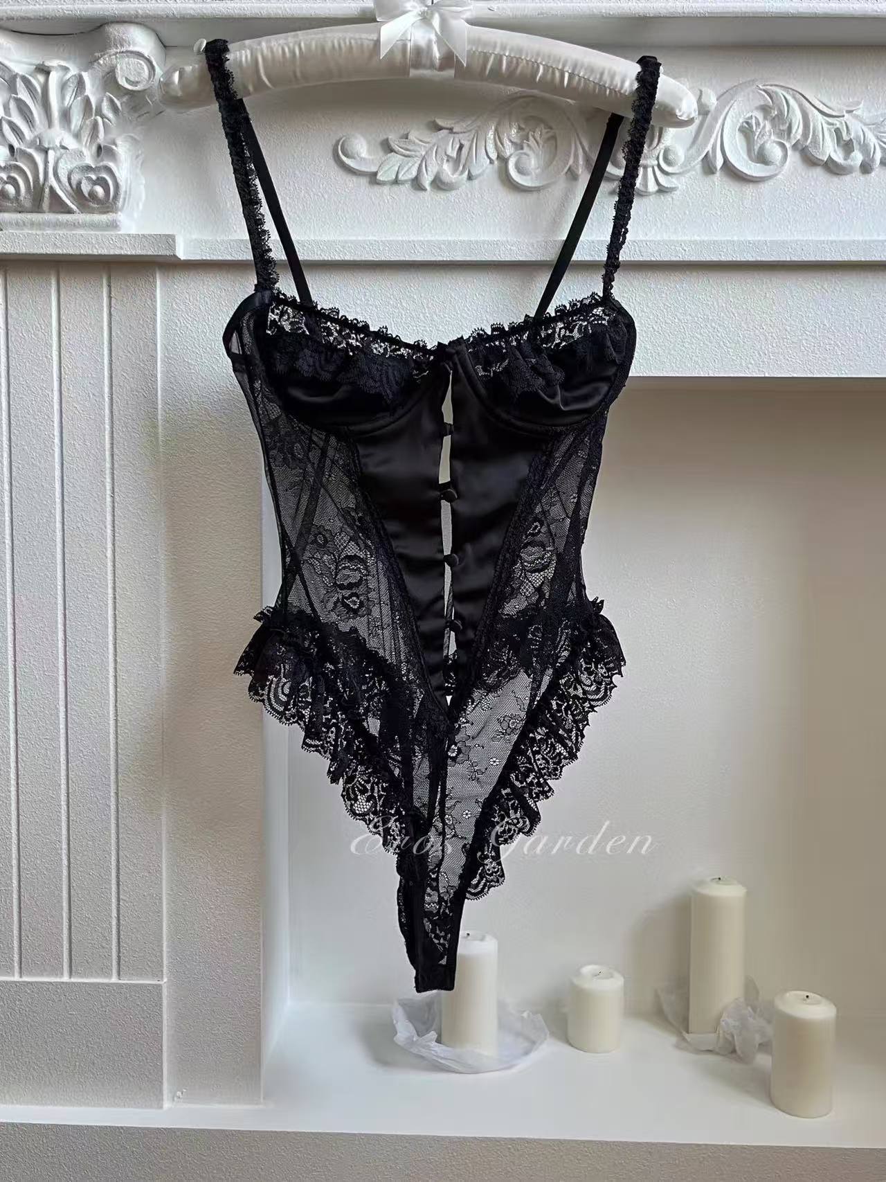 Women’s Sexy One-Piece Lace-Trim Pajama Bodysuit, Black, One Size — detail image 2