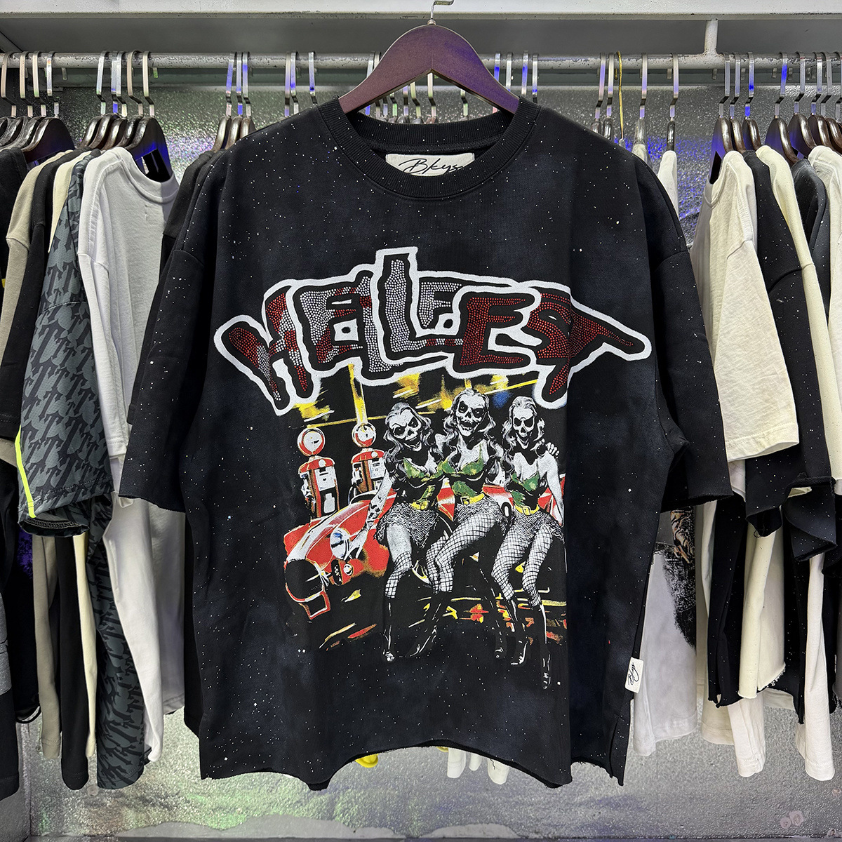 Transfronterizo nueva venta en caliente BKS camiseta de manga corta extraña esqueleto retro lavado de agua caliente perforación en caliente para hombres y mujeres de moda en stock lotes