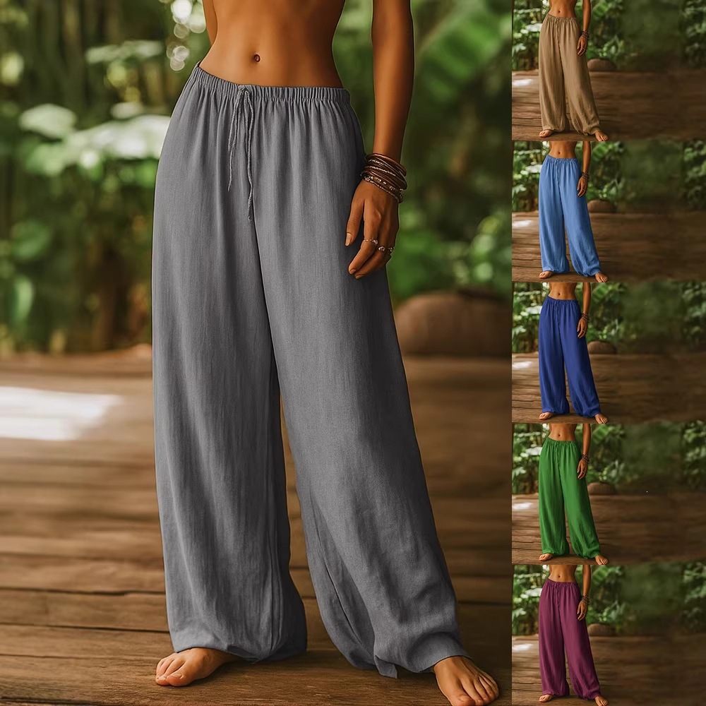 Women's Clothing Women's Cotton Linen Loose Straight Leg Pants With Elastic Waist And Pockets Solid Color Casual Bottoms_ecoleips.com