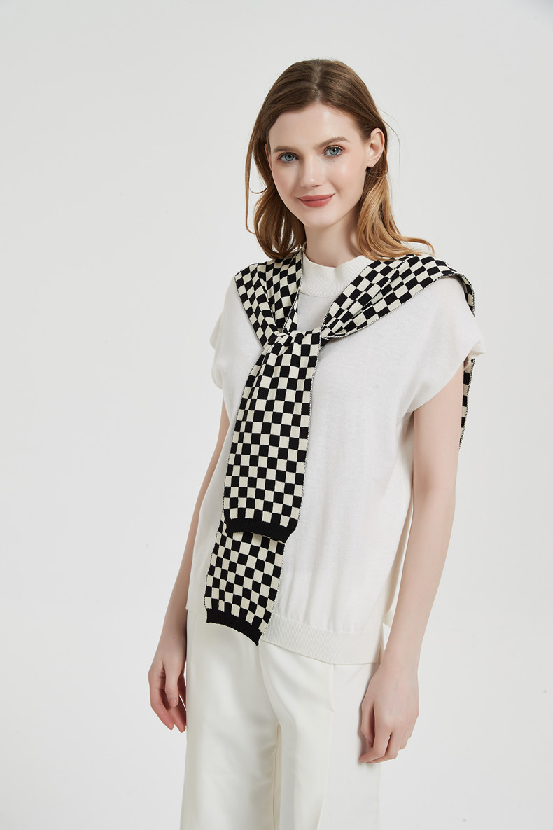 Knitted Shawl Women's Checkerboard Cape With Knotted Collar Core Yarn_voghion.com