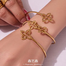 跨境个性简约设计双花镂空开口手镯不锈钢镀18k真金时尚百搭手环
