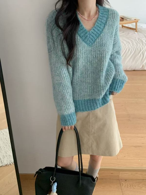 秋冬新款V领撞色毛衣女温柔慵懒风软糯宽松慵懒风针织衫上衣潮|undefined