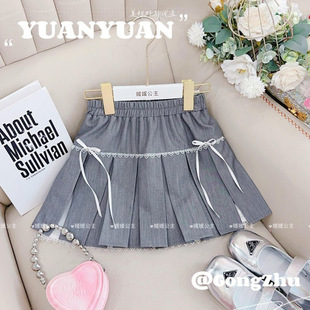 Princess Yuan Yuan's Spring & Fall Style Girls' Preppy Style Sweet Bow Pleated Skirt for Middle and Large Children