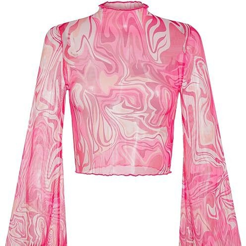 2023 European and American Women's Horn Sleeve Lettuce Trim Collar Floral Mesh Top Navel Tee