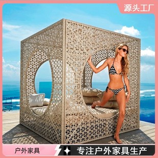 Scandinavian Outdoor Bed, Swimming Pool, Rattan Outdoor Balcony Sofa Bed, Open-Air Courtyard, Bird's Nest, Beach Bed, Terrace Furniture
