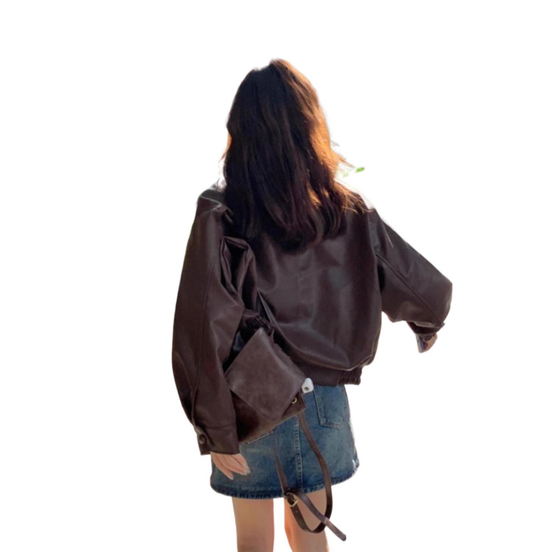 美式复古长袖皮衣外套女初秋季宽松翻领上衣小众设计感PU皮机车服|undefined