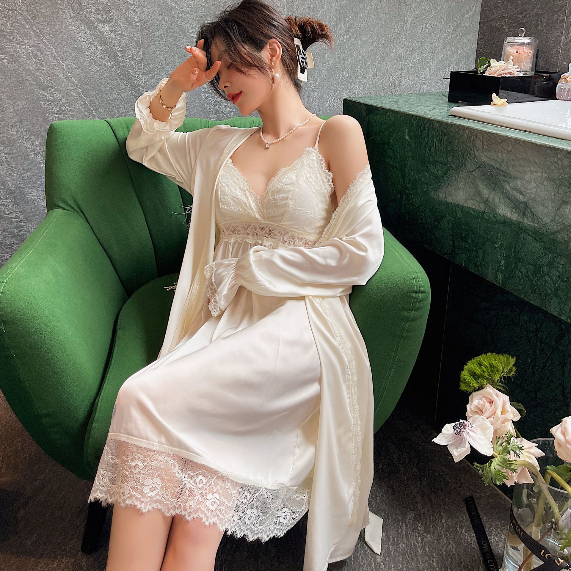 Pajamas Women's Ice Silk Summer Sexy Suspender Nightdress Plus Long Nightgown Suit Long-sleeved Lace Temptation Home Service Silk