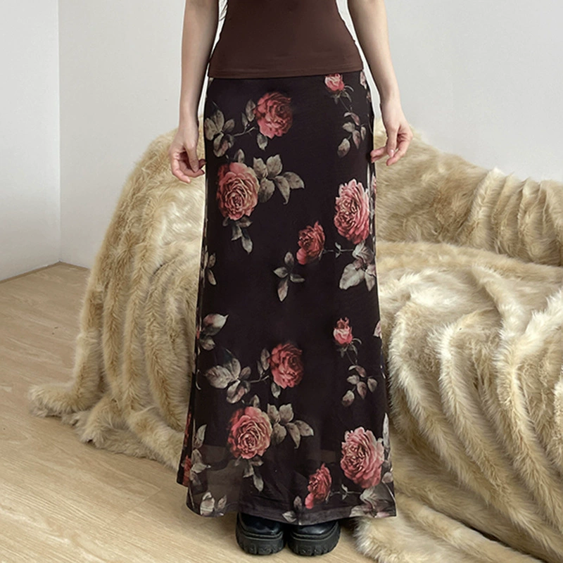 Юбка женская тонкая А-силуэта с цветочным принтом, сетчатая, в стиле европейских и американских праздничных образов C2117SK