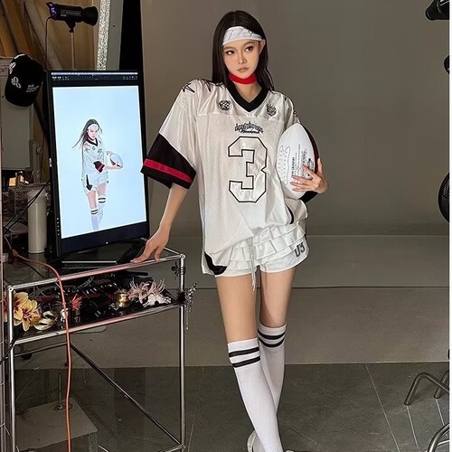 American street contrast color splicing mesh loose short-sleeved jersey T-shirt men and women same style summer new breathable sports