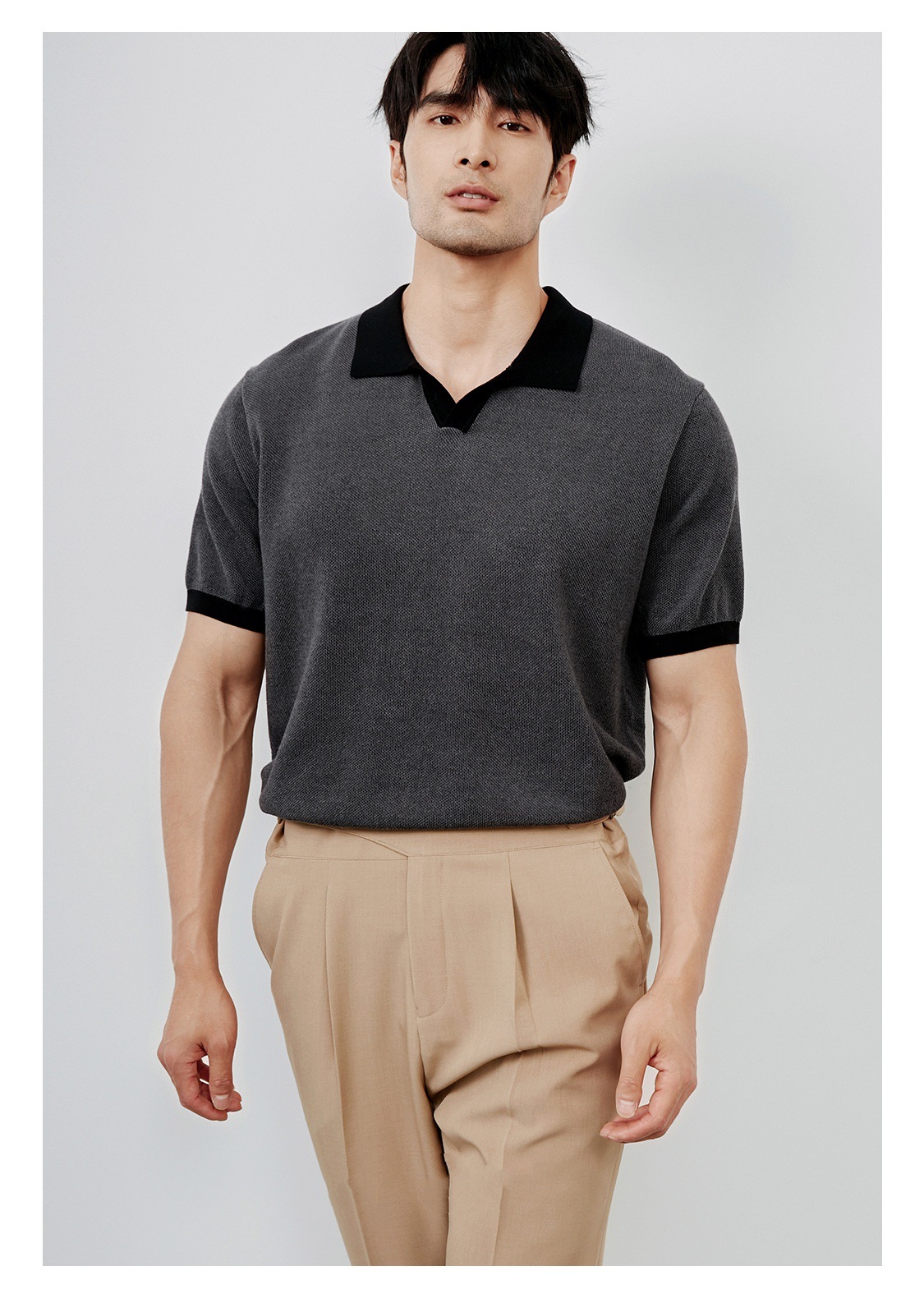 Men's Casual Polo Shirt British Retro High End Lapel Knitted Short Sleeve T-Shirt Breathable Slim Fit Business Top_viptrois.com