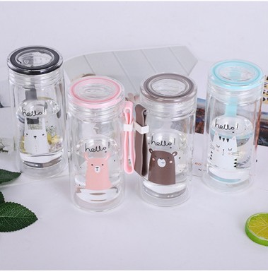 時尚卡通歐彩動物雙層透明耐熱玻璃杯小清新學生隔熱防燙喝水杯批