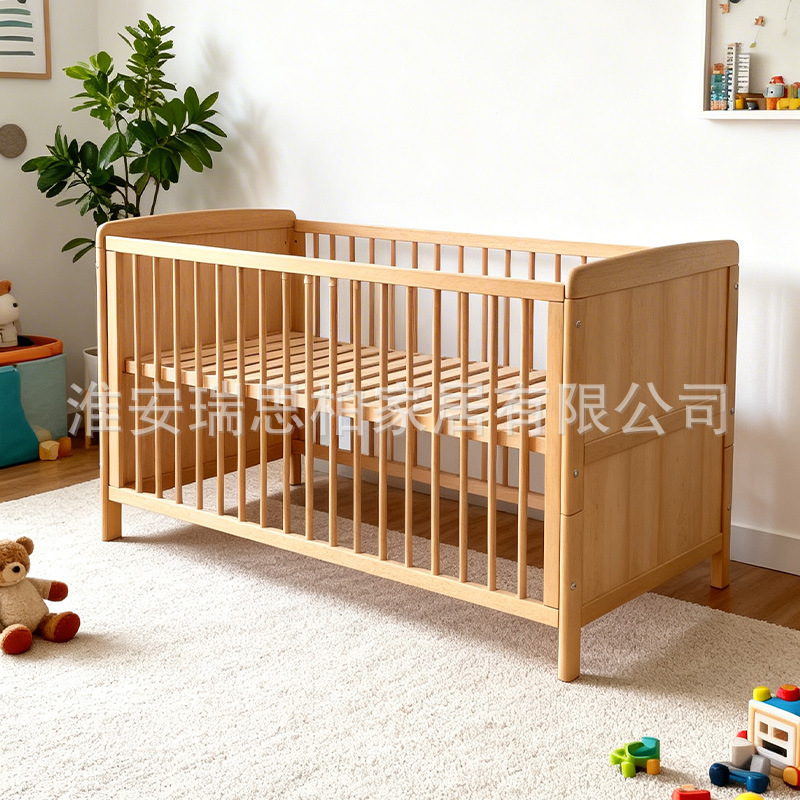 Solid wood baby crib with adjustable height, detachable guardrails, multifunctional, suitable for newborns, can be connected to a large bed, factory