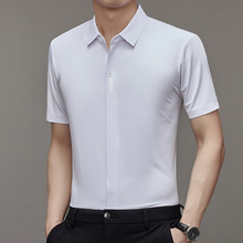 跨境外贸暗扣弹性男士短袖衬衫时尚休闲冰丝弹力薄款衬衣简约百搭