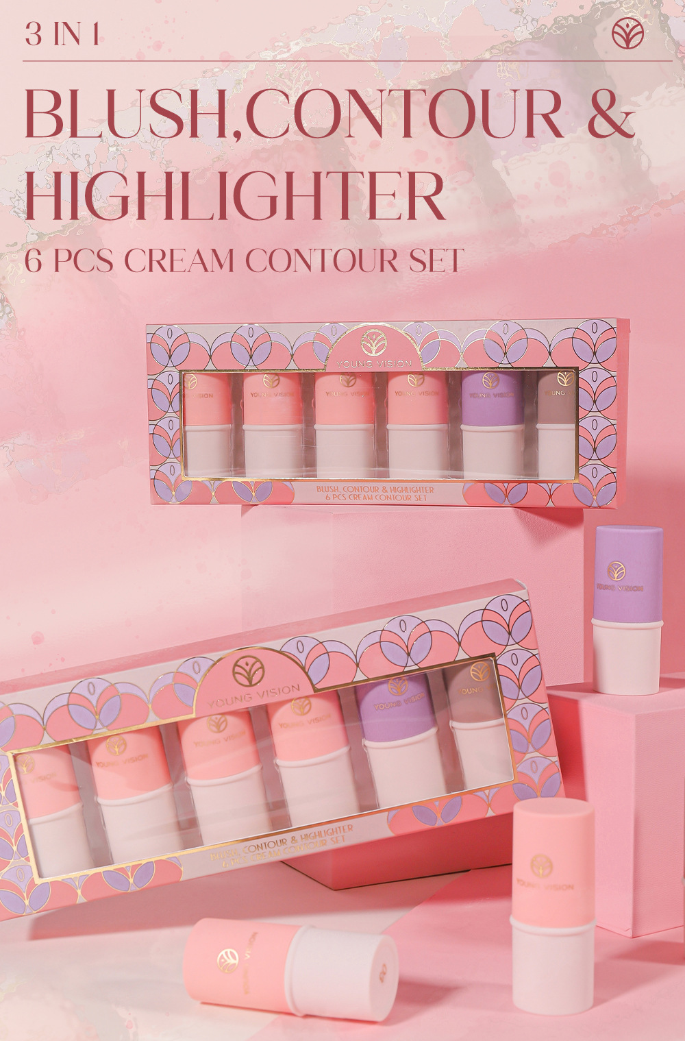 YOUNG VISION Multi-functional Makeup Stick Six-color Highlighter Contouring Cream Blush Matte Blush Stick Set Application Scenario