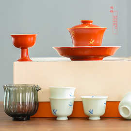 景德镇手绘竹韵功夫茶具套装三才盖碗红釉茶杯公道杯公司商务礼品