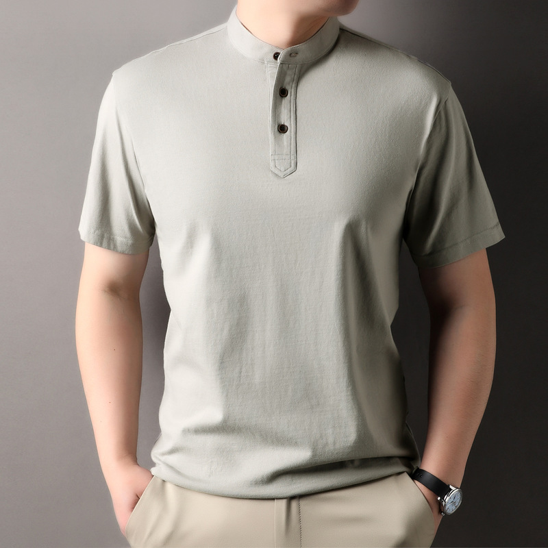Middle-Aged Stand Collar Cotton Linen Short Sleeve Men's T-Shirt 2024 Summer New High Quality Chinese Style Solid Color T-Shirt Men's Top
