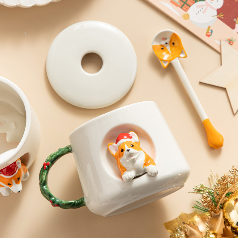 Taza linda del Corgi de la Navidad casera de alto aspecto de cerámica con el regalo de la taza de café de los hombres y de las mujeres de los pares de la cuchara de la tapa