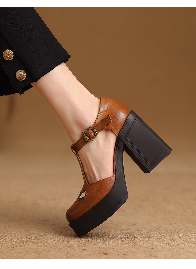 Sandal nữ đế xuồng platform gót vuông phong cách vintage khóa kim loại — màu nâu, màu đen chi tiết 13