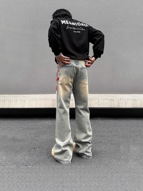 アメリカンレトロ刺繍ジーンズ、ヨーロッパとアメリカのヒップホップストリートパンツ、メンズハイエンドデザインストレートレッグパンツ|undefined