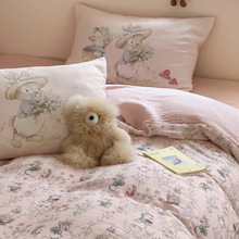 高端双层皱皱纱床上四件套纯棉全棉卡通少女心被套床单床笠三件套