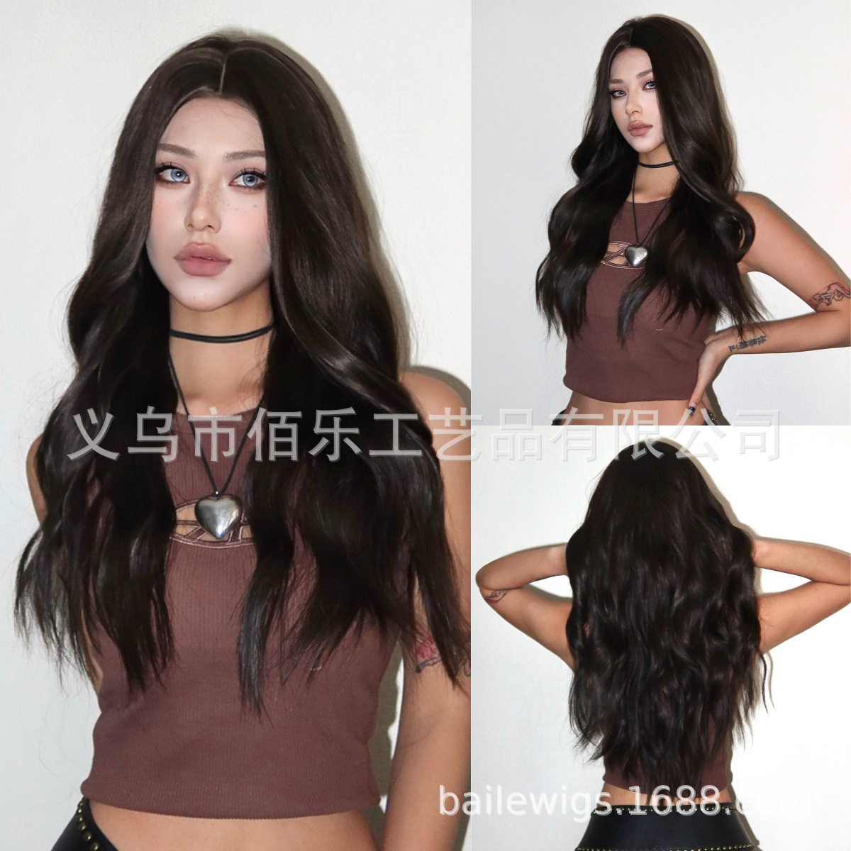 Ventas transfronterizas en caliente pelucas negras marrones medias cabello rizado largo cubierta de fibra química cabello de mujer Europa y América al por mayor en stock
