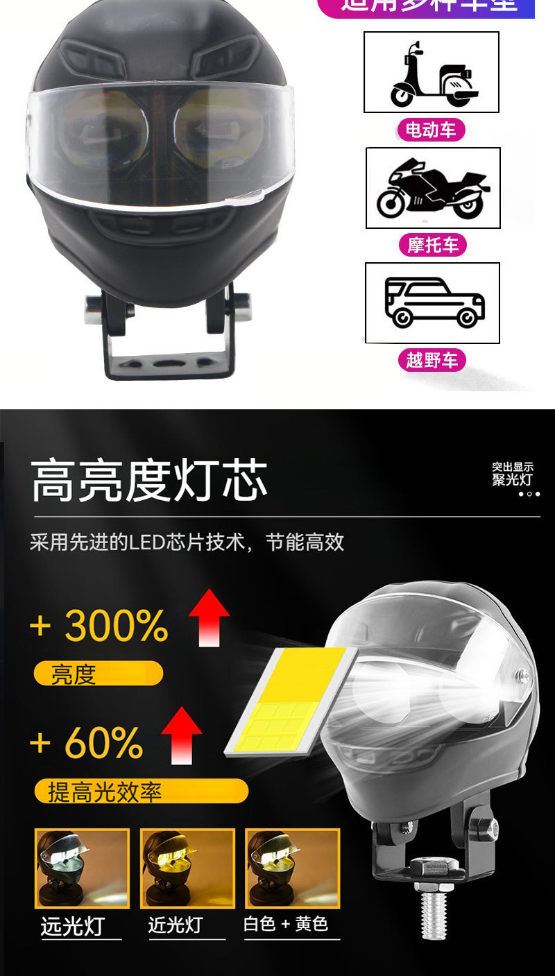 Motorcycle light external helmet dual beam spotlight with striped watermark casing, white and yellow lens, spotlight manufacturer, direct shipping