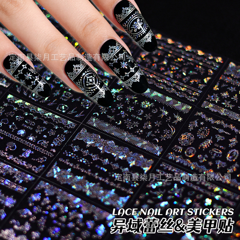 Retro Exotic Style Egyptian Cat Nail Art Stickers with Gold and Silver Floral Lace Nail Decoration Stickers, 30-Piece Mixed Set