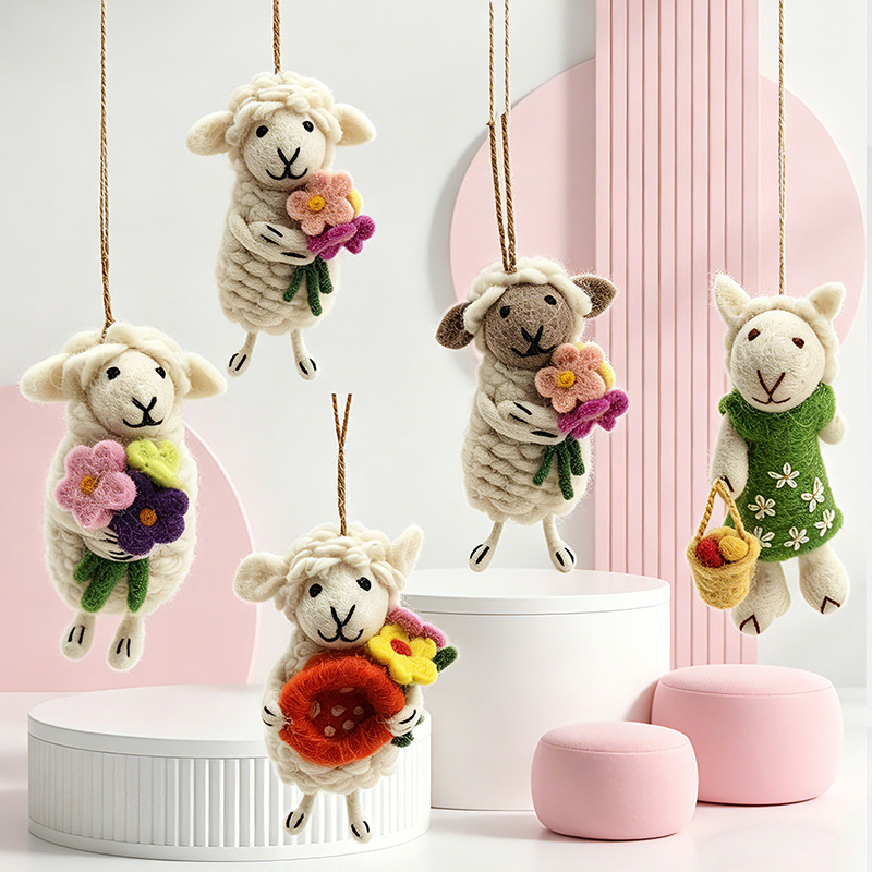 Xinjiang Cultural and Creative Handmade Wool Felt Flower Sheep Keychain Santa Claus Pendant Cute Creative Hanging Ornament Gift