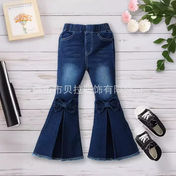 Girls' Spring and Autumn Bow-Knot Flared Jeans, Slit Flared Long Pants, Stylish Foreign Trade Children's Clothing Supply