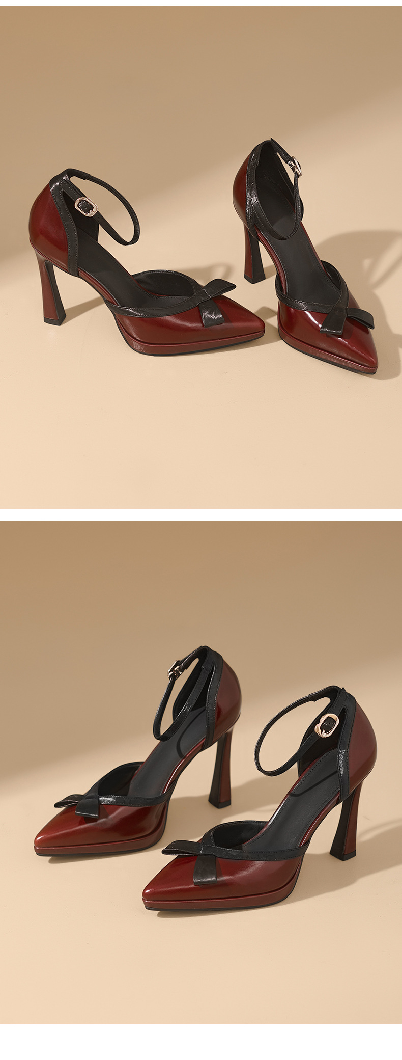 Sandal cao gót nữ phối màu phong cách Chanel, quai một khuy, mũi kín, gót nhọn 9 cm — Rượu vang đỏ, màu trắng ngà chi tiết 12