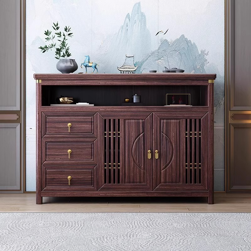 乌金木新中式实木餐边柜客厅两门三抽储物茶水柜高端厨房碗柜家具