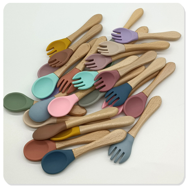 32g Weight spoon, Fork Kitchen and drinking utensils 2 Pieces Set Quantity Daily Occasion Casual Solid Color Wood Silica Gel Spoon Fork 2 Pieces Set