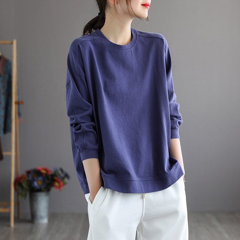 2023 Spring and Autumn Easiest for Match Classic Solid Color Bathroom Slim Casual Clothes Shoulder Patchwork Long Sleeve Loose Pullover T-Shirt for Women