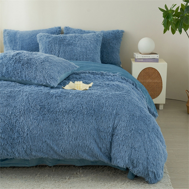 Sábana de cuatro piezas para cama de terciopelo de visón grueso, funda de edredón de felpa cálida de invierno, juego de cuatro piezas de terciopelo de cristal de color sólido