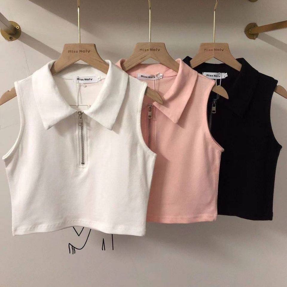 Verano de las niñas nuevo chaleco camisa de polo estilo coreano cremallera solapa moda corto chaleco sin mangas de color sólido de los niños moda