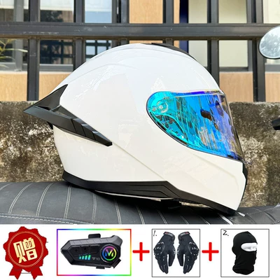 Motosiklet kaskı (dəbilqə) | Safety Helmet for Men and Women - pearl-white-iridescent-blue-night-vision-compatible-y10-soft-wheat-comes-with-clear-lens-s