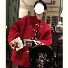 新中国風のウールコート、女性用、秋冬、ファッショナブル、若々しいスタイル、新年、唐装、お正月、赤いトップス、多用途