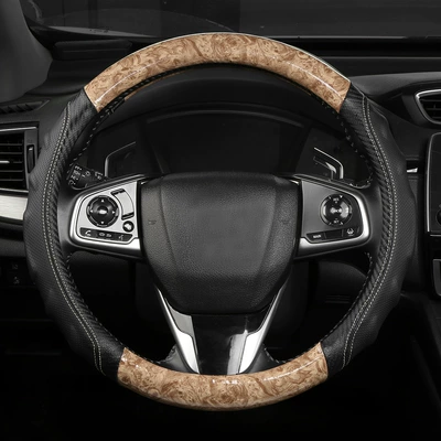 2026 New Model Peach Wood Grain Steering Wheel Cover, Universal for All Seasons, Carbon Fiber Spliced Leather Car Handle Cover, Foreign Trade Cross-Border (Steering wheel cover) - beige-38cm
