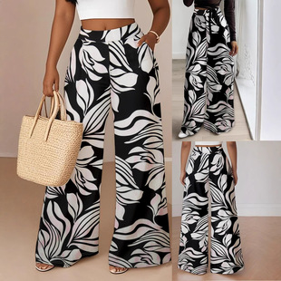Cross-Border Amazon European and American Fashion Elegant High-Waisted Slim A-Line Loose Straight-Leg Pants