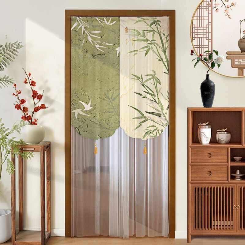 New Chinese-Style Door Curtain Partition Curtain for Home Use, Lace Half Curtain for Bedroom, Privacy Curtain, No-Drill Tea House Decoration