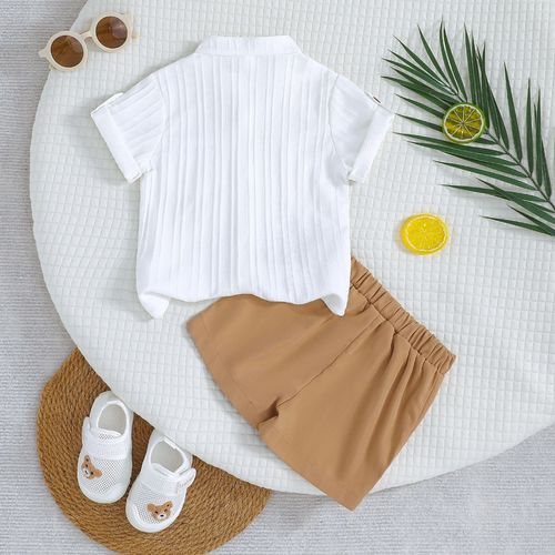2025—Boy's Spring and Summer Outfit: White Striped Short-Sleeve Shirt + Khaki Shorts Set