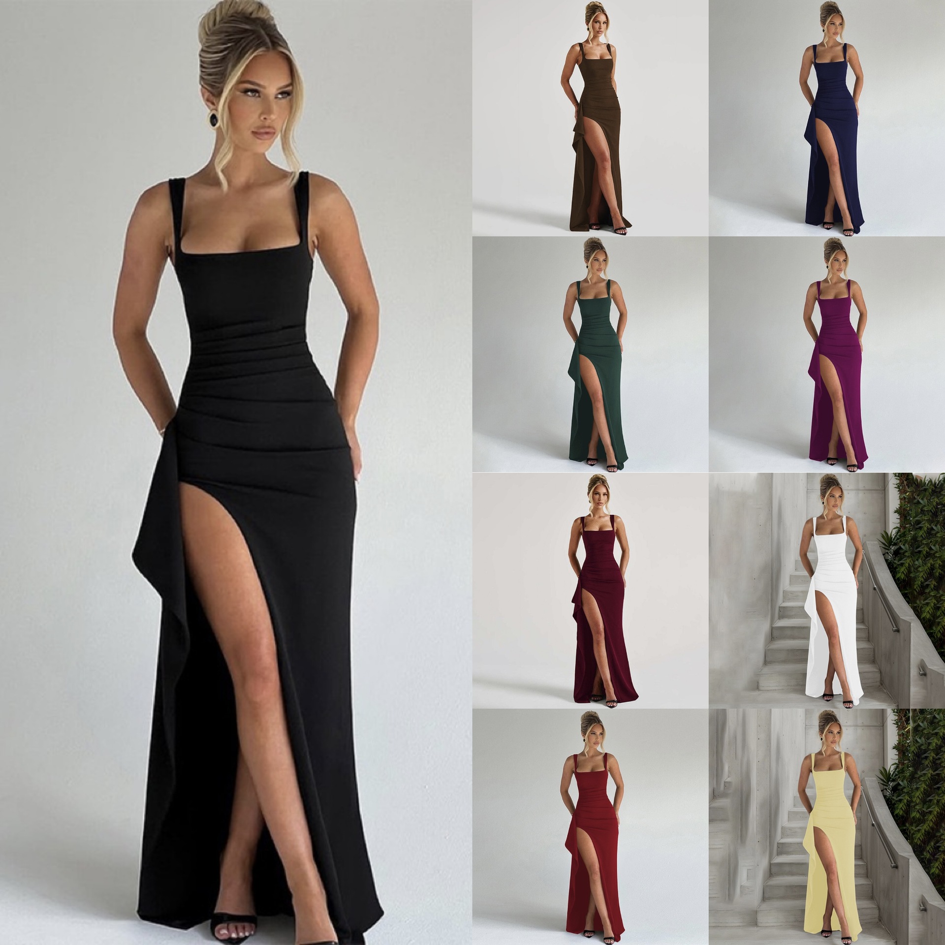 European and American Ins Style Women's Evening Gown Long Dress 2026 Summer Fashion Sexy Backless High-Slit Spaghetti Strap Dress